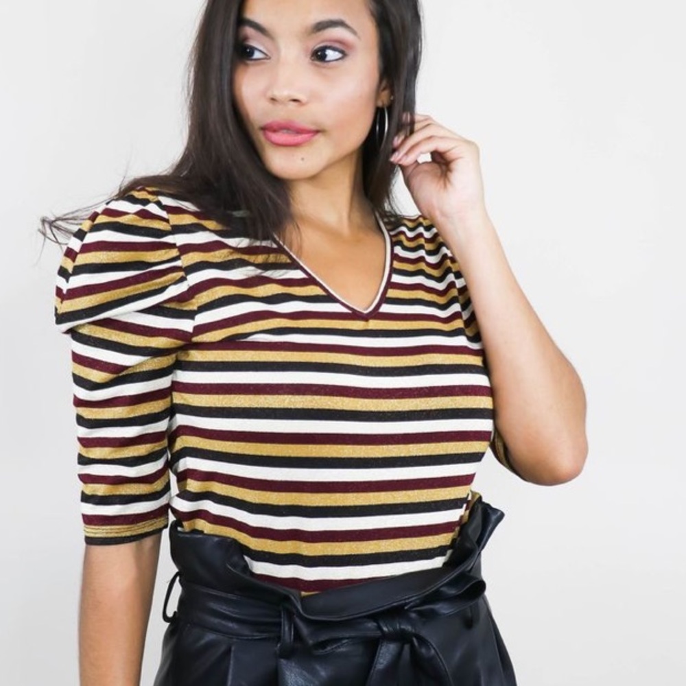 David Lerner Stripe Puff Sleeve Top